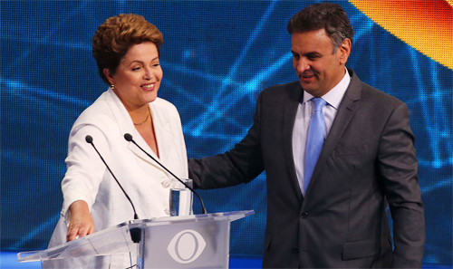 Dilma Rousseff e Aécio Neves durante o debate da Band. Sobraram acusações.