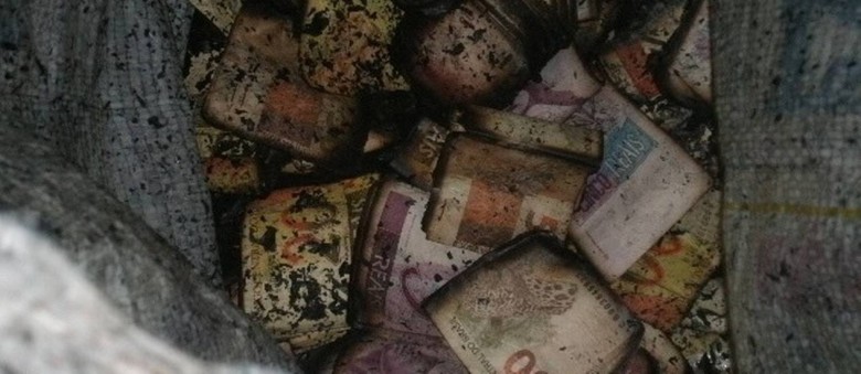 Parte do dinheiro encontrado escondido em carro que pegou fogo na Via Dutra - PRF / Divulgação