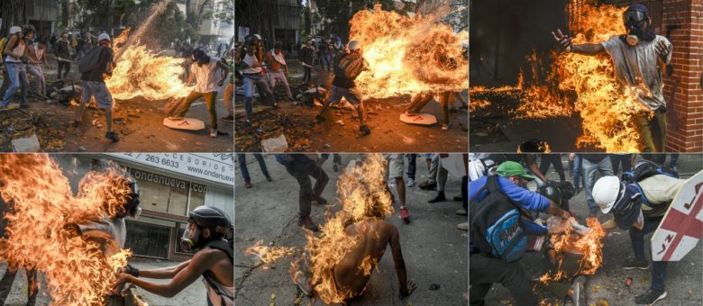 Montagem feita com imagens do estudante Víctor Salazar em chamas e sendo socorrido durante protesto em Caracas, na Venezuela, no dia 3 de maio de 2017. A série de fotos ganhou o terceiro lugar na categoria Spot New Stories do prêmio World Press Photo 2018 (Foto: Juan Barreto/AFP)