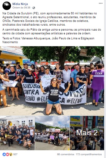 Apesar de modesto, o ato contra Bolsonaro de Surubim ganhou destaque numa página de esquerda muito conhecida e influente no Brasil. A Mídia Ninja!